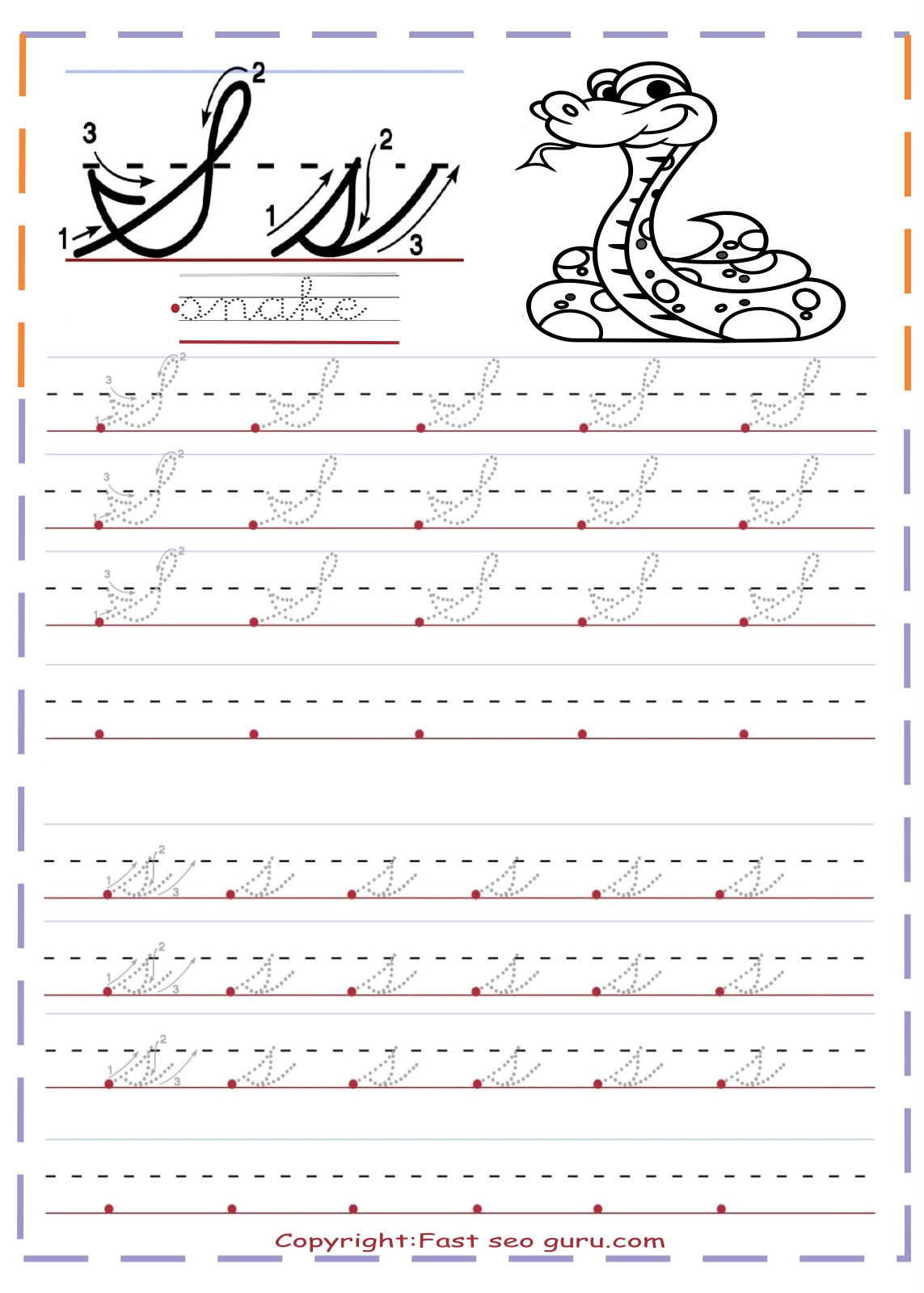 cursive handwriting tracing worksheets letter s for snake
